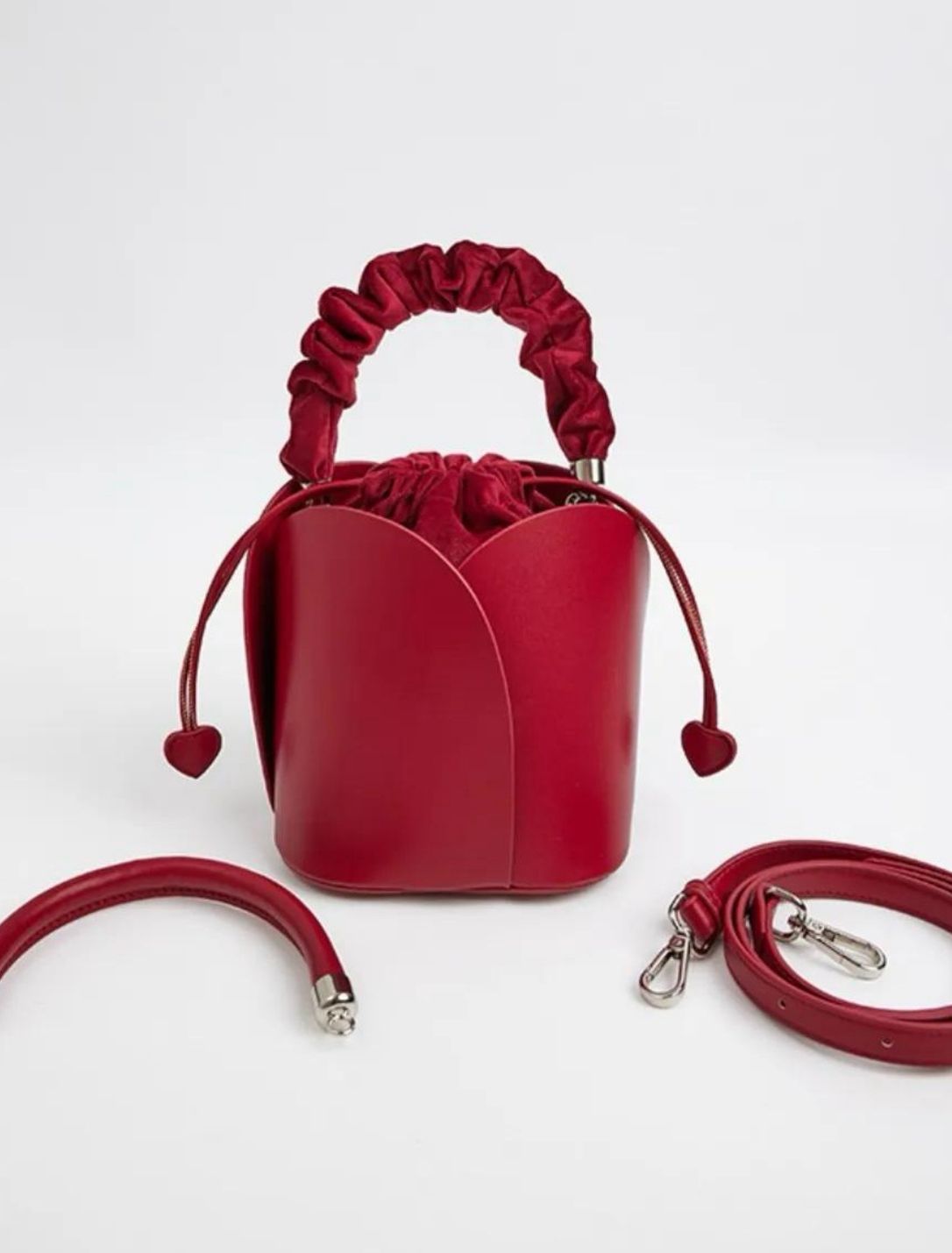 Red Drawstring Handbag with Heart Accents