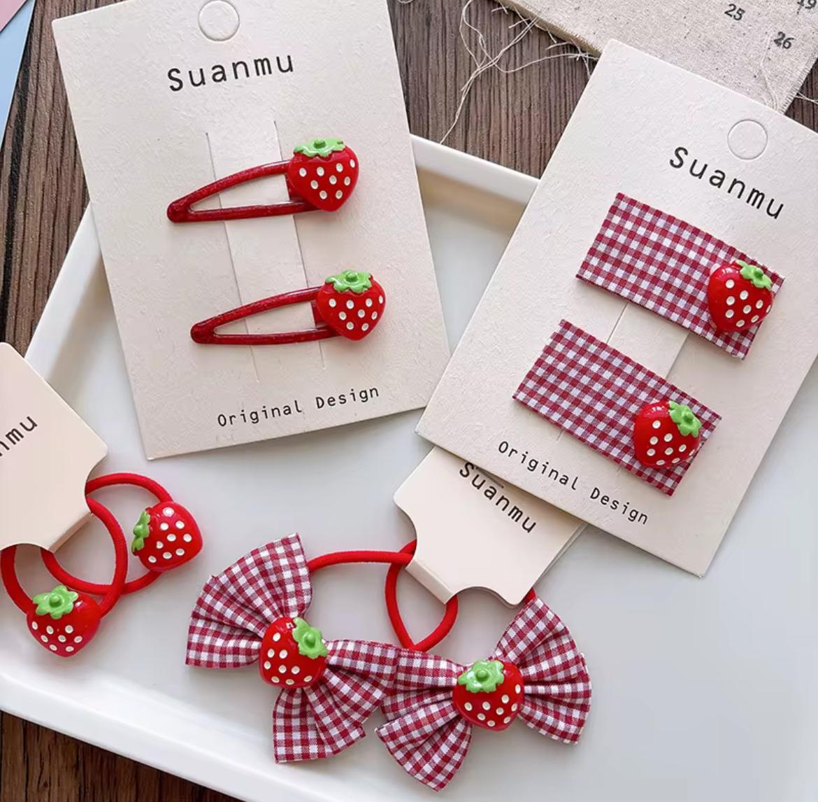 Kids’ Strawberry Hair Accessories – 2-Piece Clip or Hair Tie Set