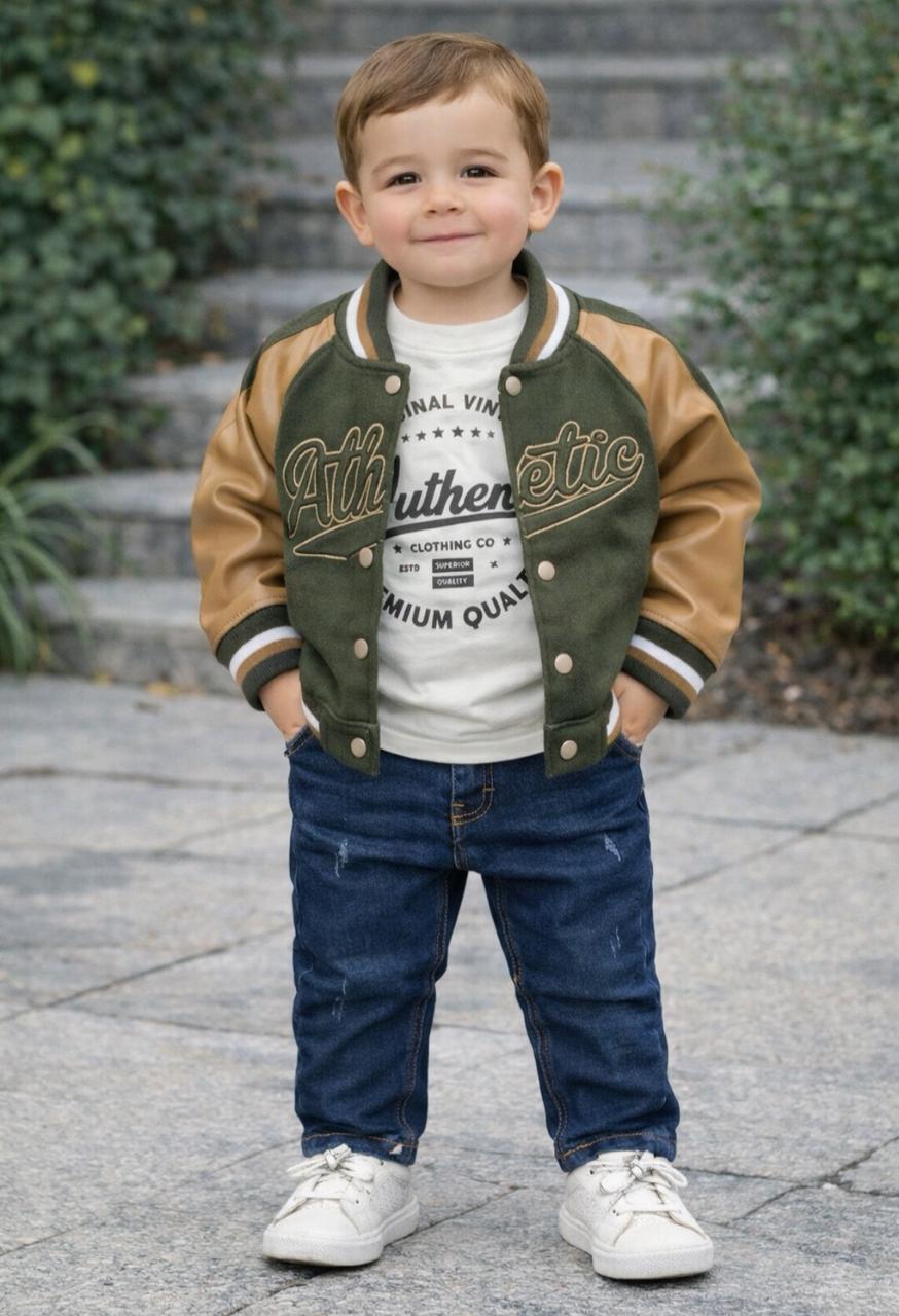 Green & Beige Varsity Jacket Set