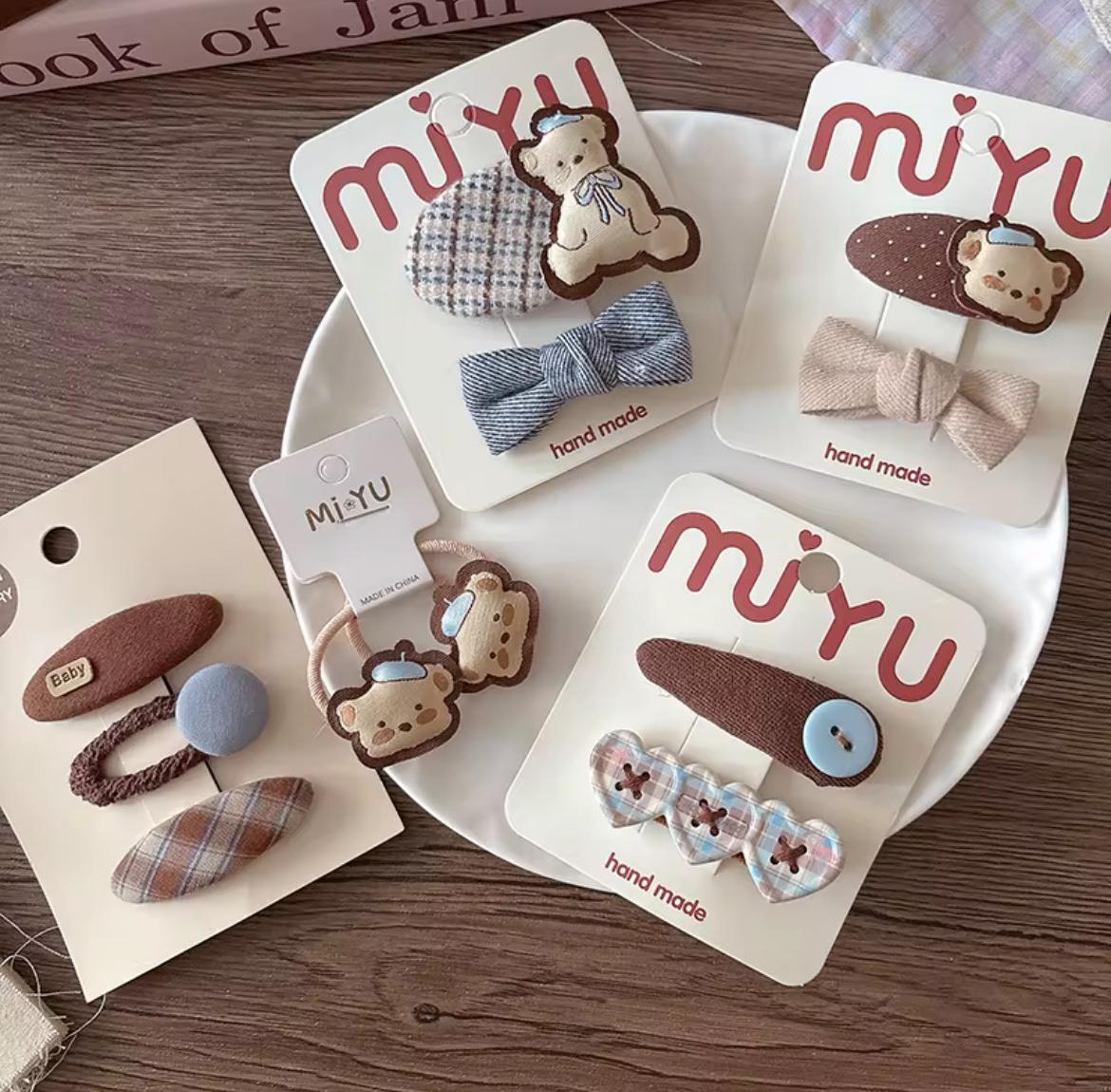 Kids’ Bear & Plaid Hair Accessories – Clips Sets