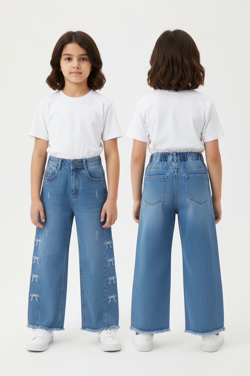 Light Blue Bow‑Accent Wide‑Leg Jeans