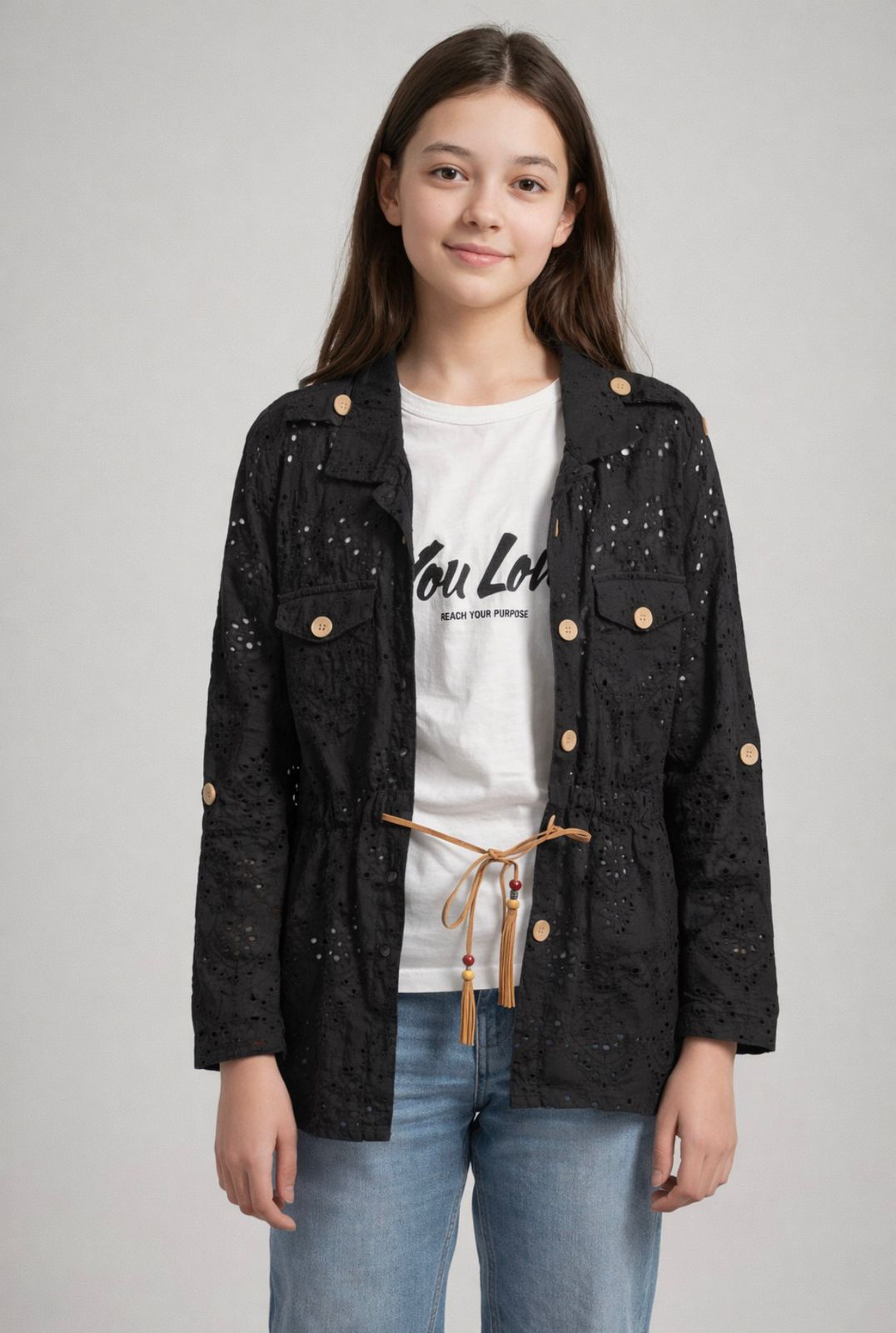 Girls Black Eyelet Twin Set – 2 Piece Jacket & Tee