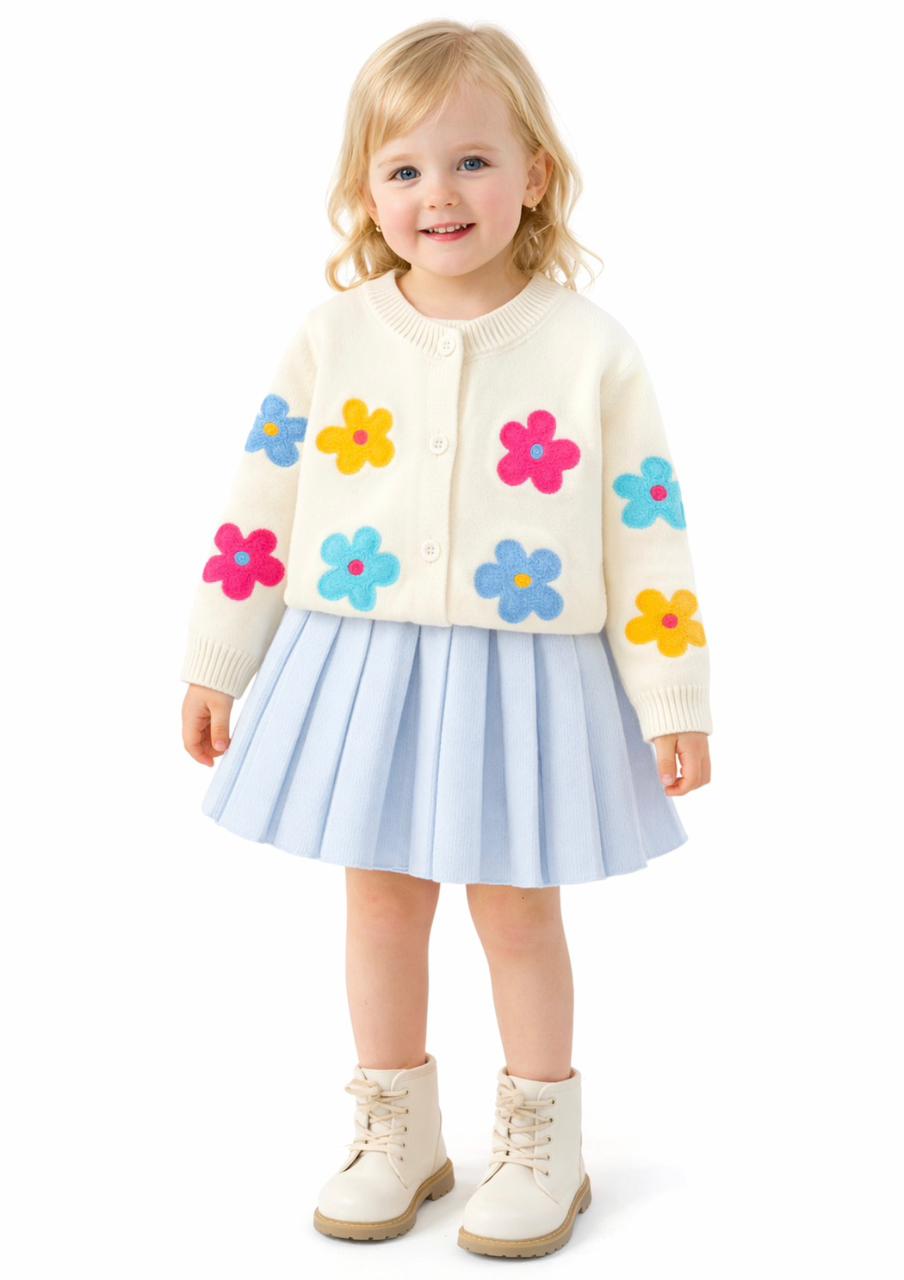 Cream Cardigan with Colorful Flowers + Blue Skirt