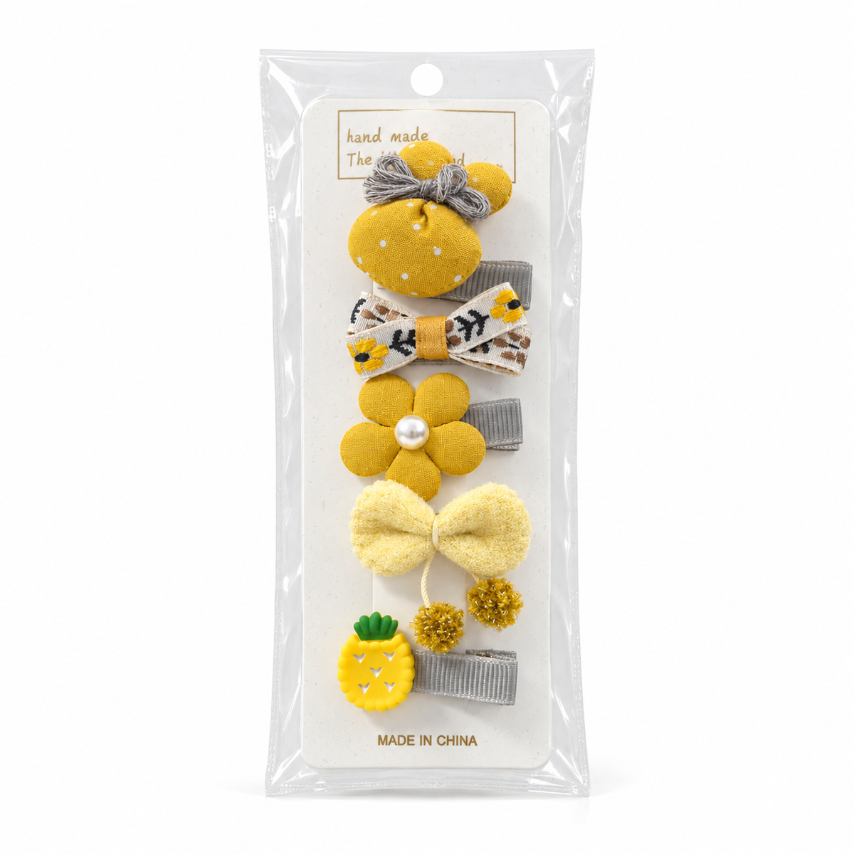 Girls’ Yellow Fabric Hair Clips – 5-Piece Set
