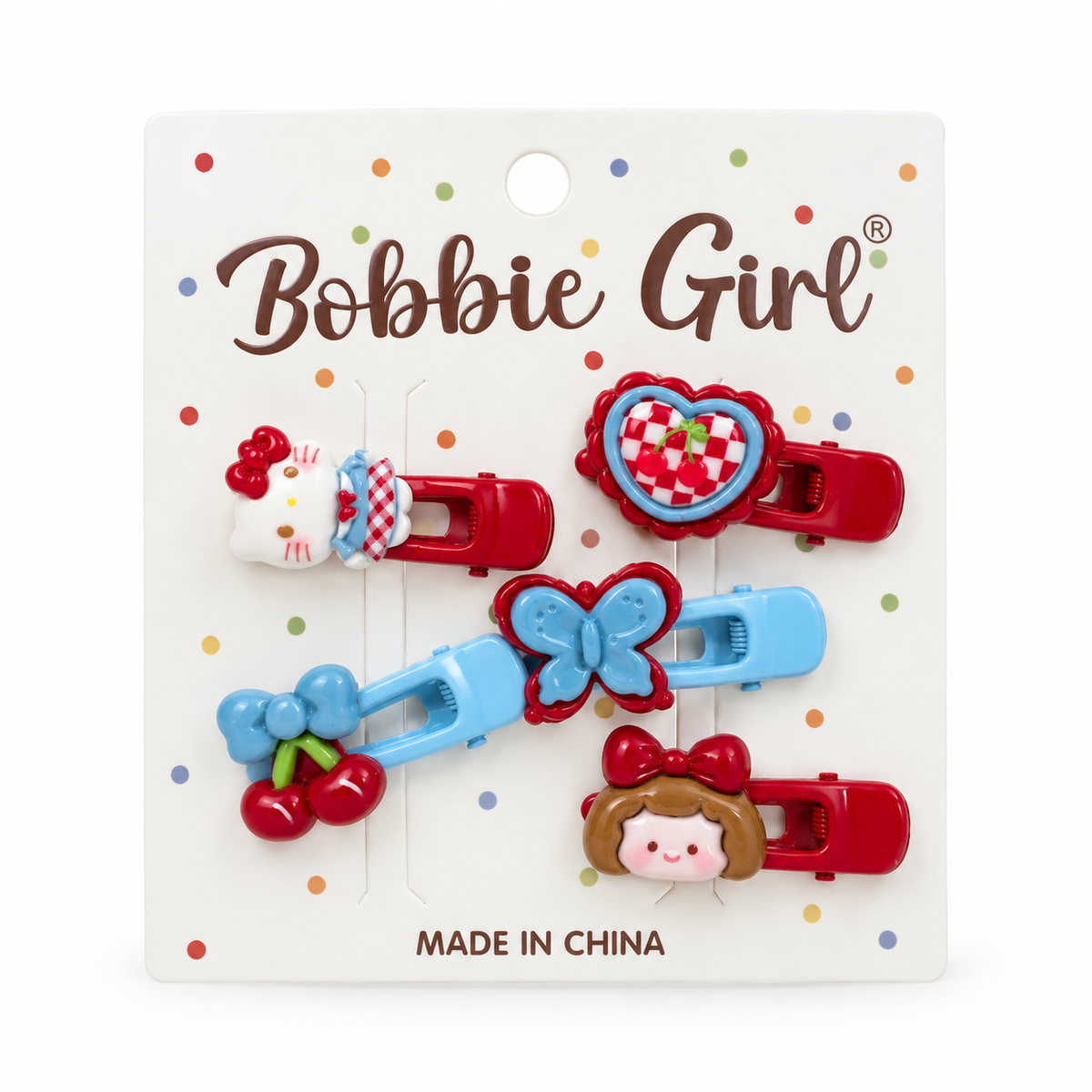 Girls’ 5-Piece Red & Blue Cherry Charm Hair Clip Set