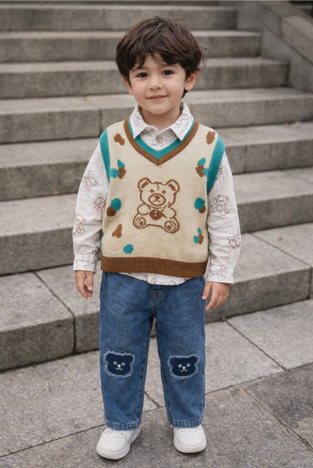 Teddy Bear Boys 3-Piece Fall Set – Sweater Vest & Denim Pants