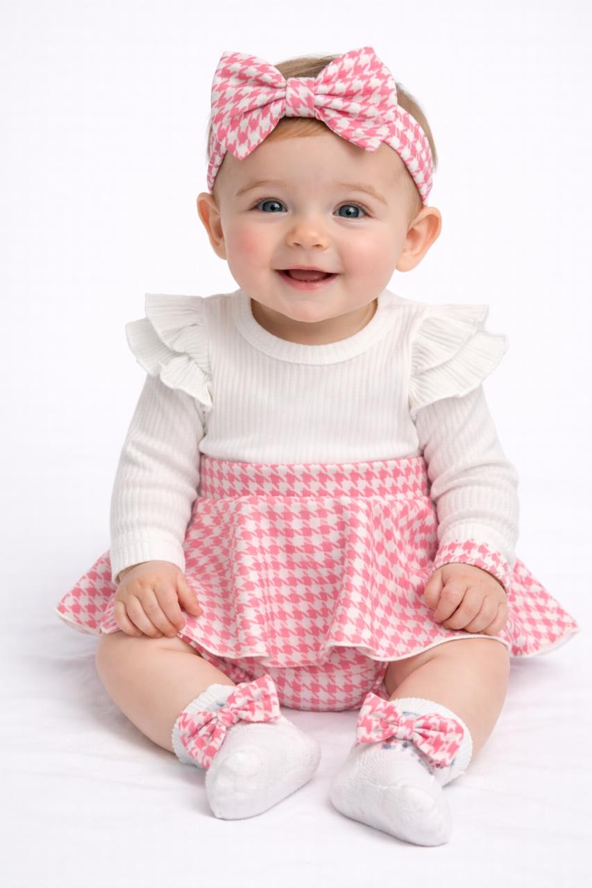 Blush Houndstooth Bow Baby Set (3-piece-set)