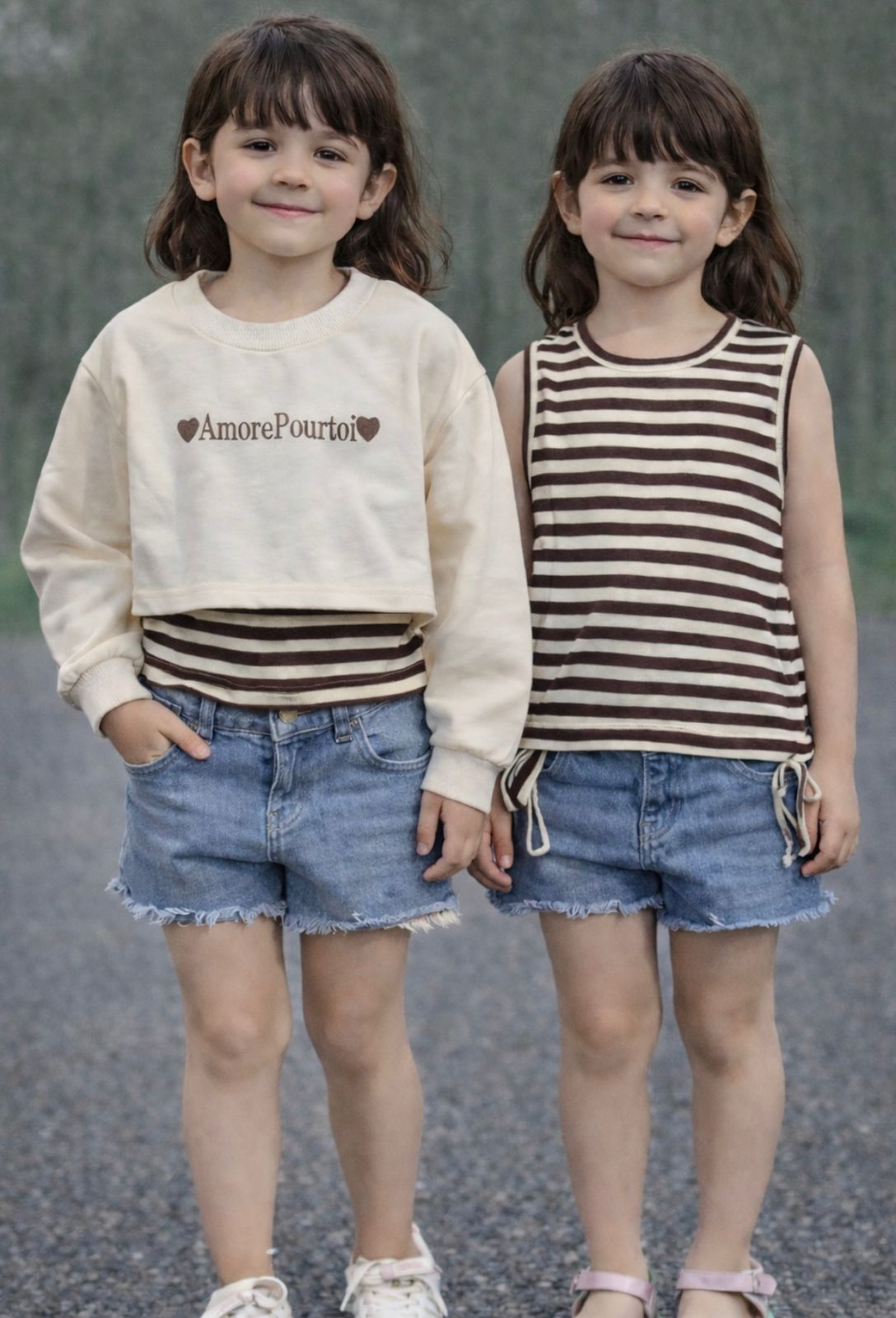AmorePourtoi Mocha Stripe Cotton Shirt (2-Piece Girls)