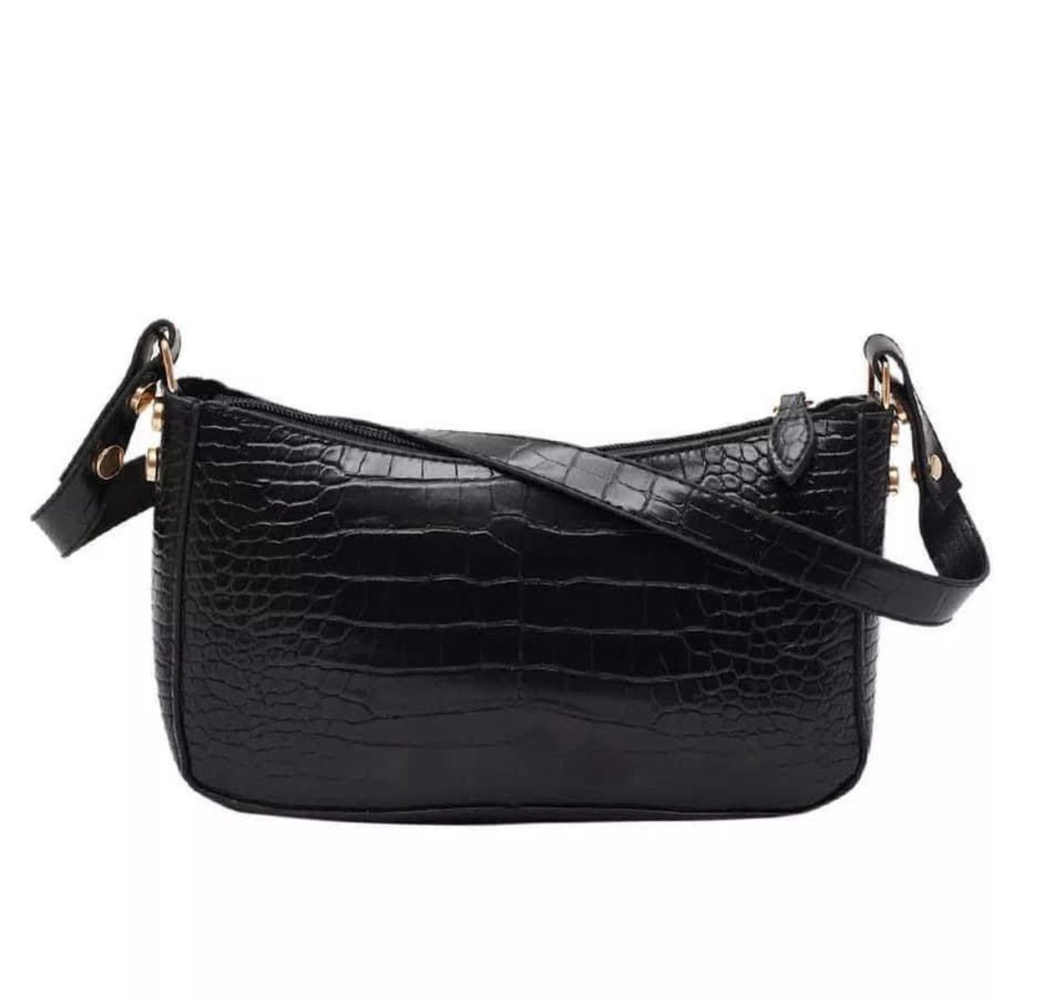 Glossy Black Croc-Embossed Underarm Shoulder Purse