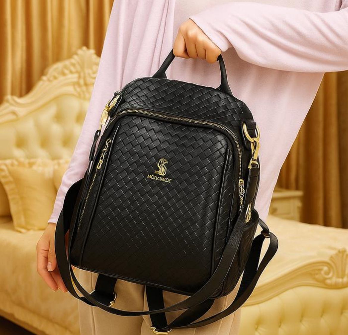 Black Woven Leather Backpack