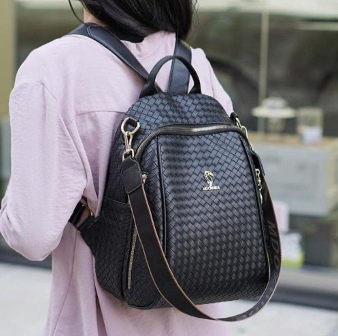 Black Woven Leather Backpack