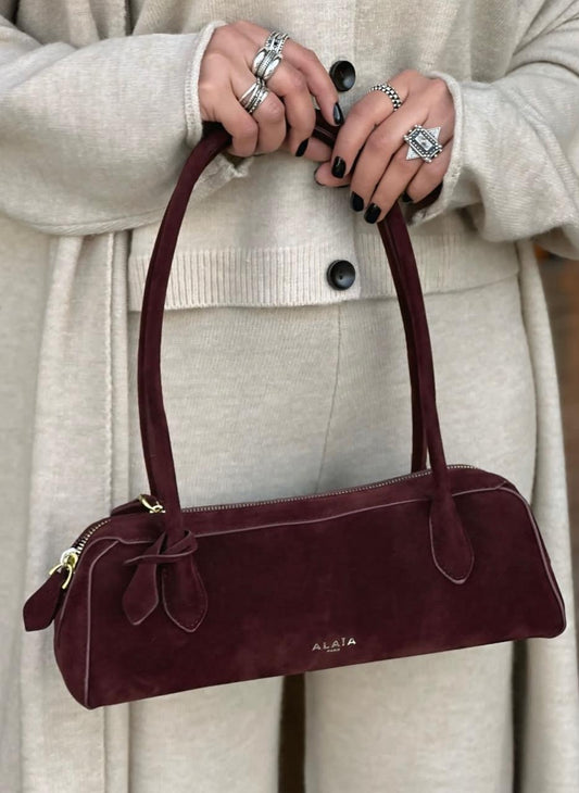 Burgundy Suede Handbag with Bow Detail