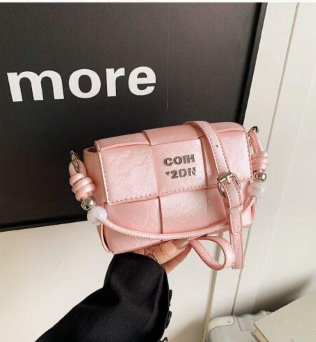 Glossy Pink Woven Handbag with Beads