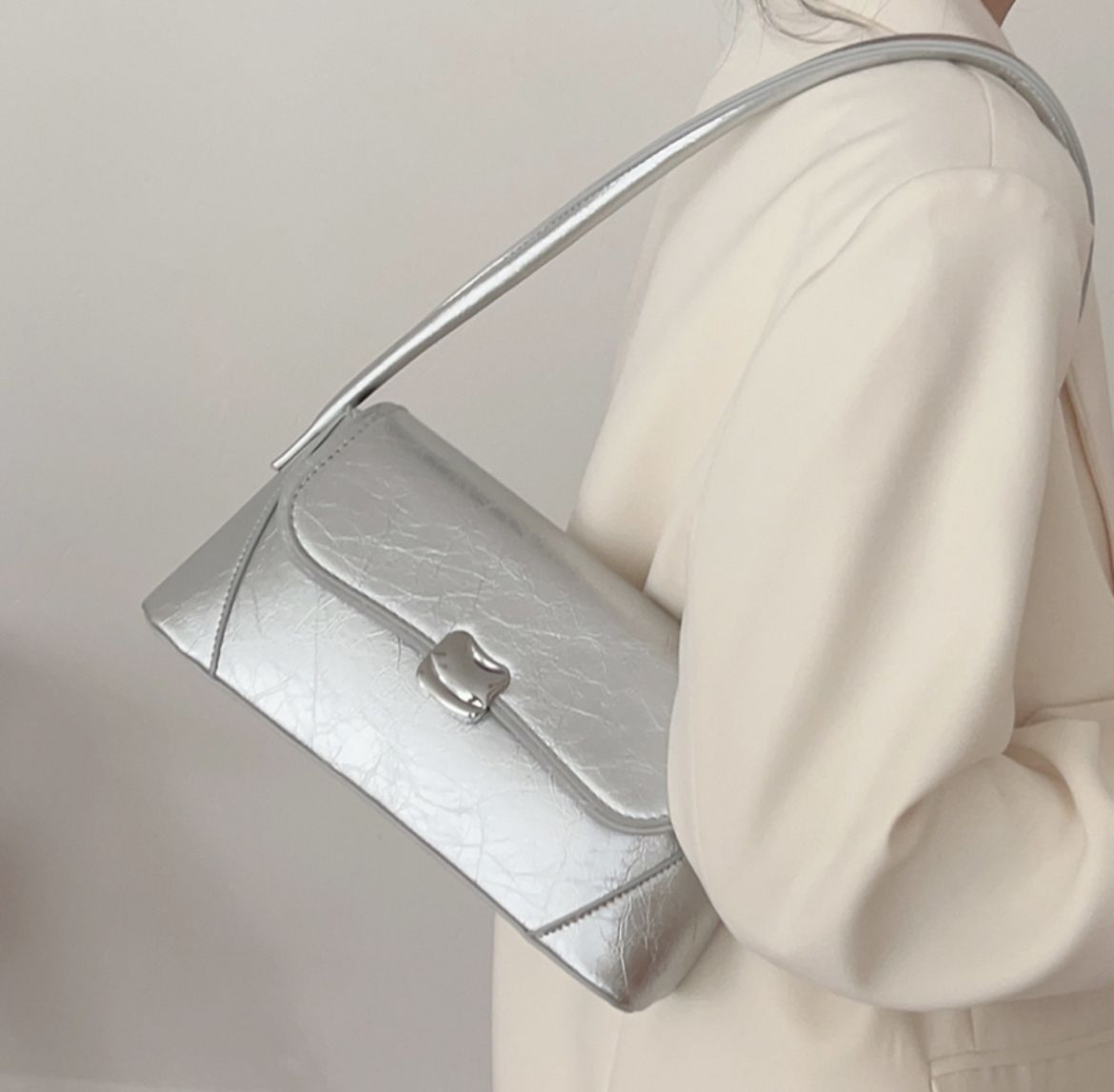 Metallic Silver Flap Handbag