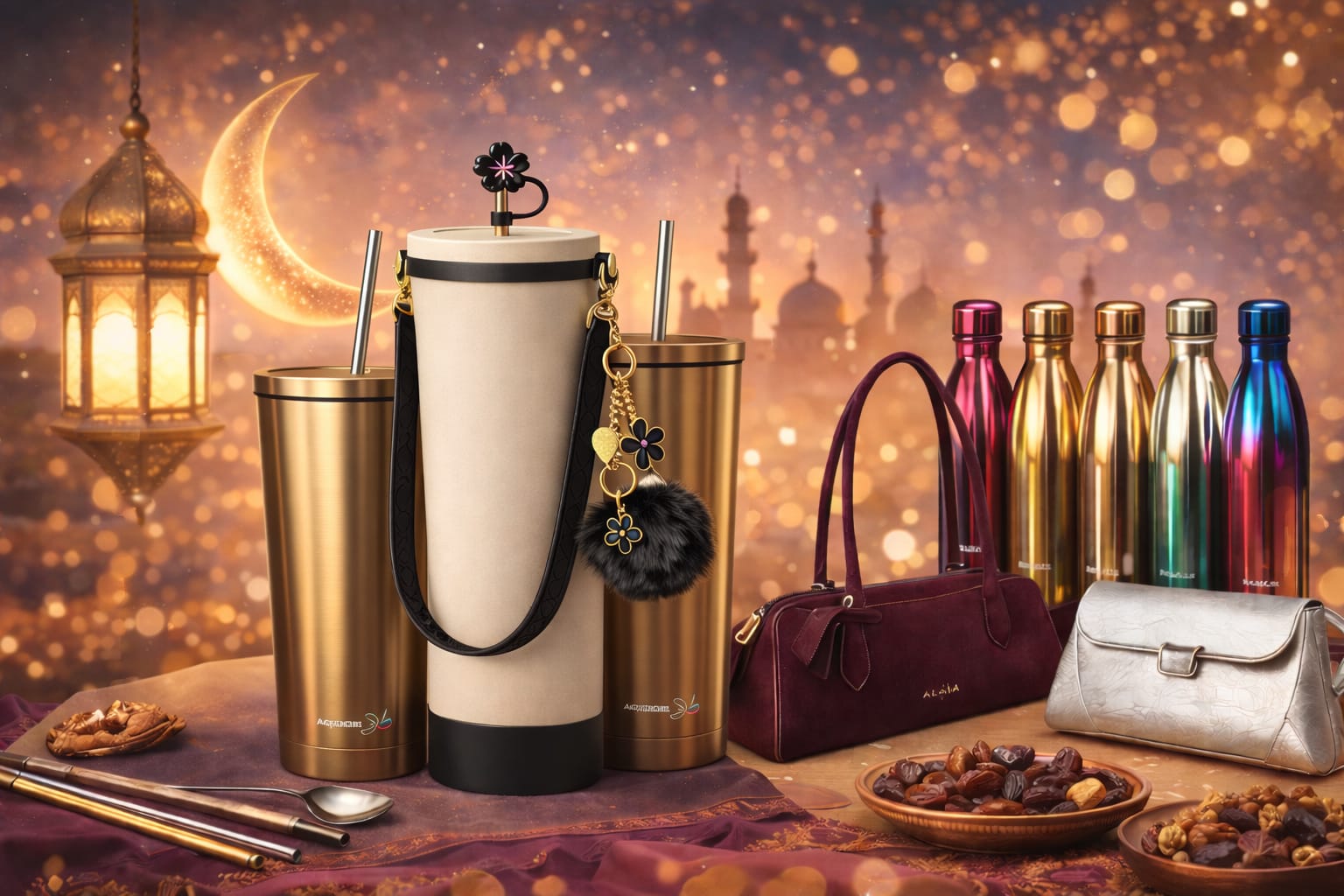 Collection of cups, a handbag, and decorative items on a table with a festive background.