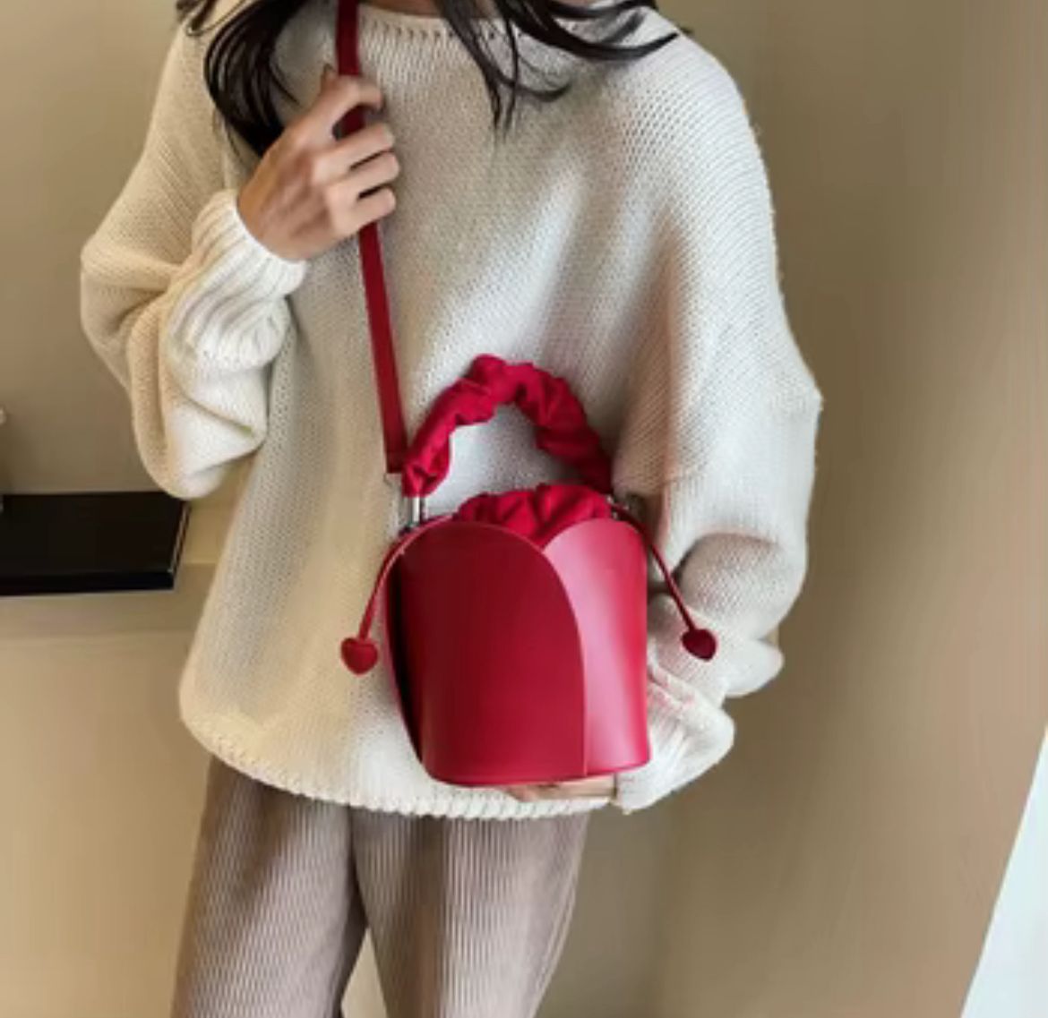 Red Drawstring Handbag with Heart Accents