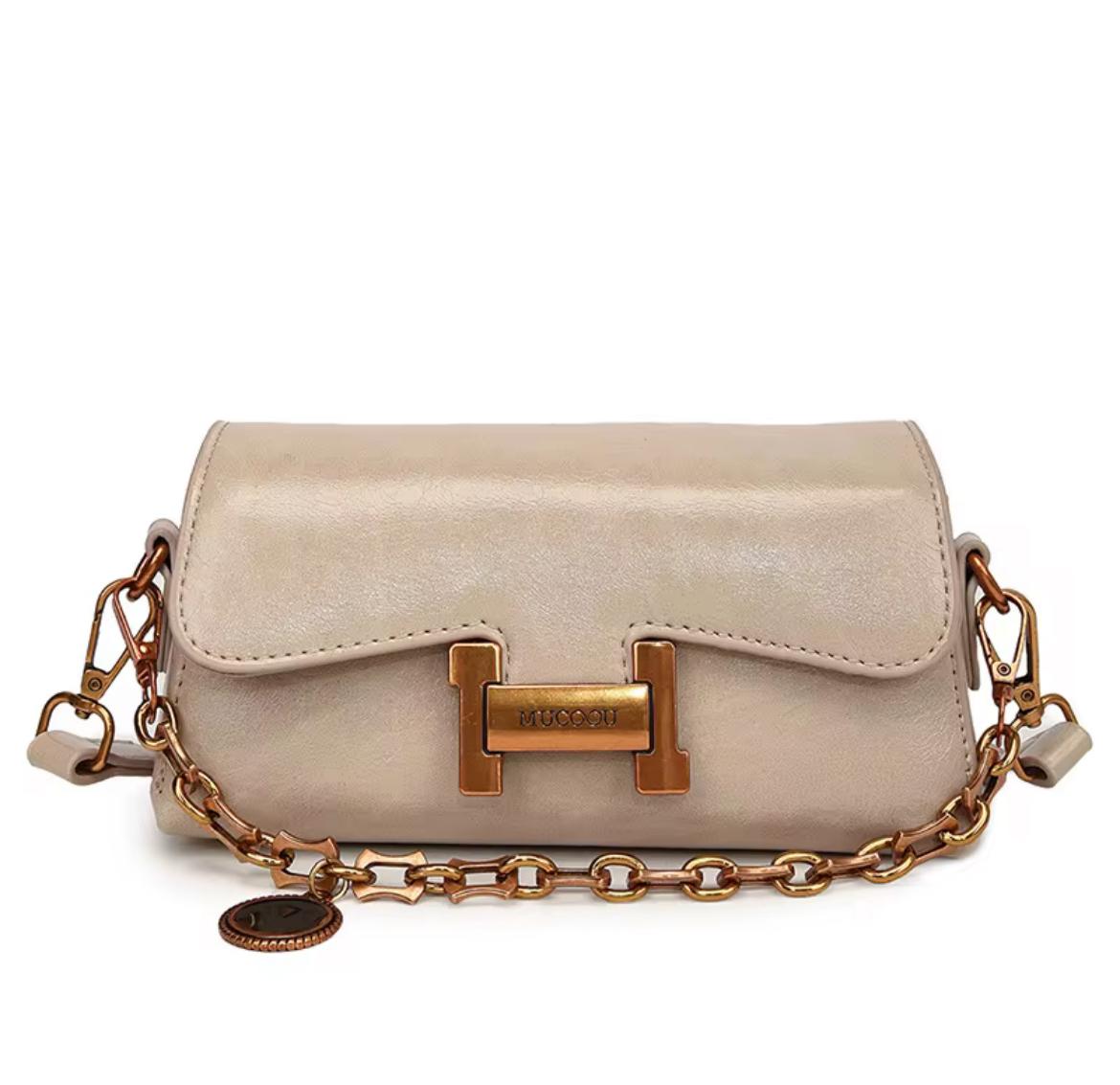 MUCOOU Beige Leather Handbag with Gold Chain
