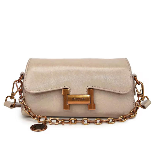 MUCOOU Beige Leather Handbag with Gold Chain
