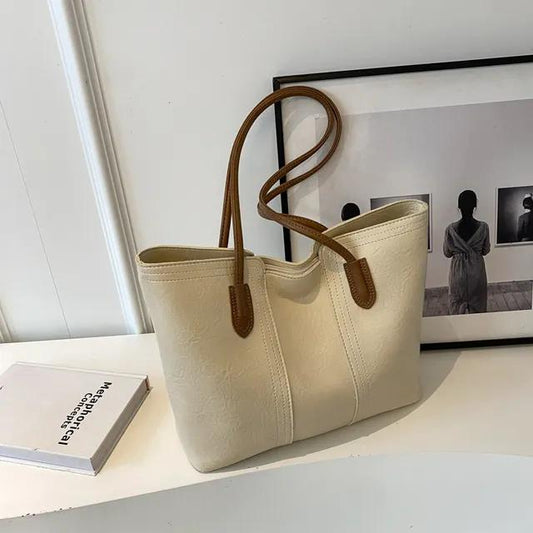 Beige Patterned Tote with Leather Handles