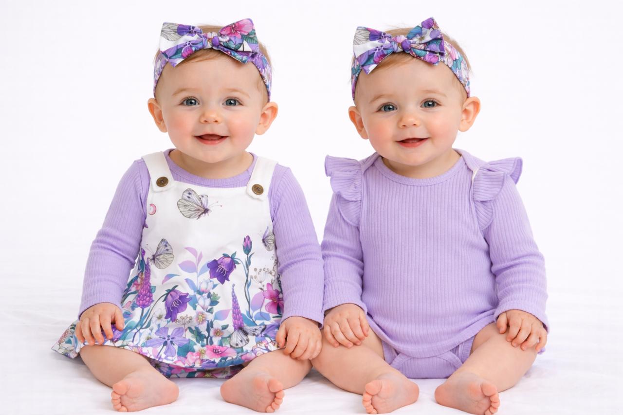 Purple Floral Baby 3-Piece Set (Headband + Bodysuit + Pinafore Dress)