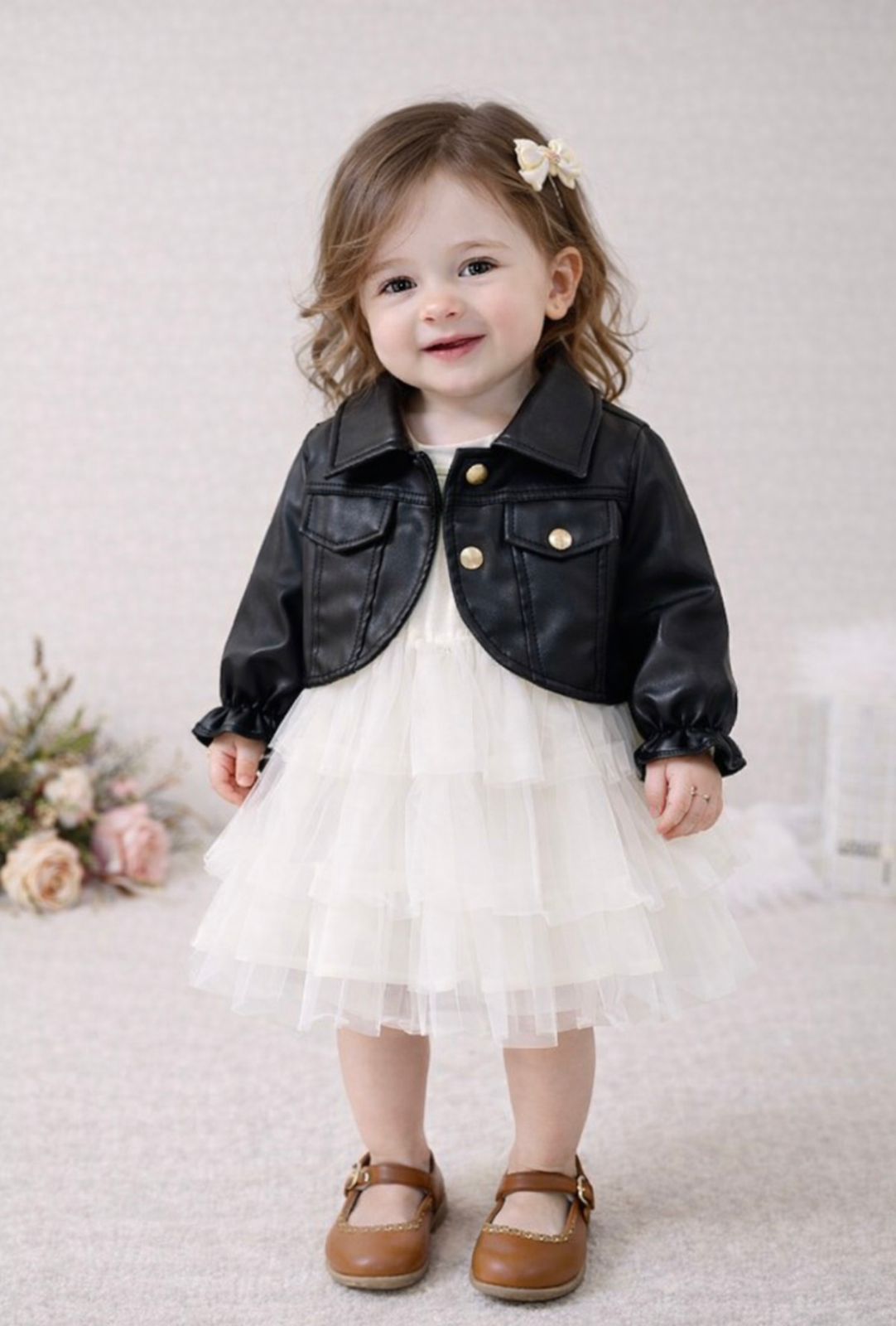 Baby Cream Tulle Dress with Black Leather Jacket
