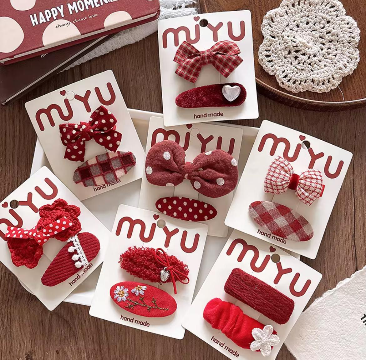 Kids’ 2-Piece Red Hair Clip Set – Bows, Checks & Polka Dots