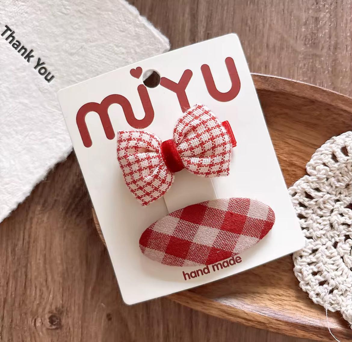 Kids’ 2-Piece Red Hair Clip Set – Bows, Checks & Polka Dots