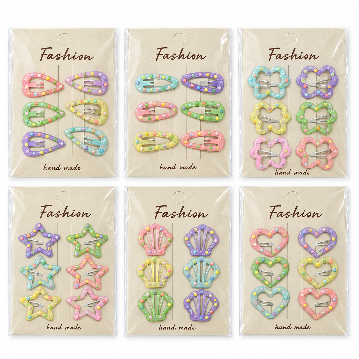 6-Piece Pastel Beaded Hair Clip Set – Assorted Shapes