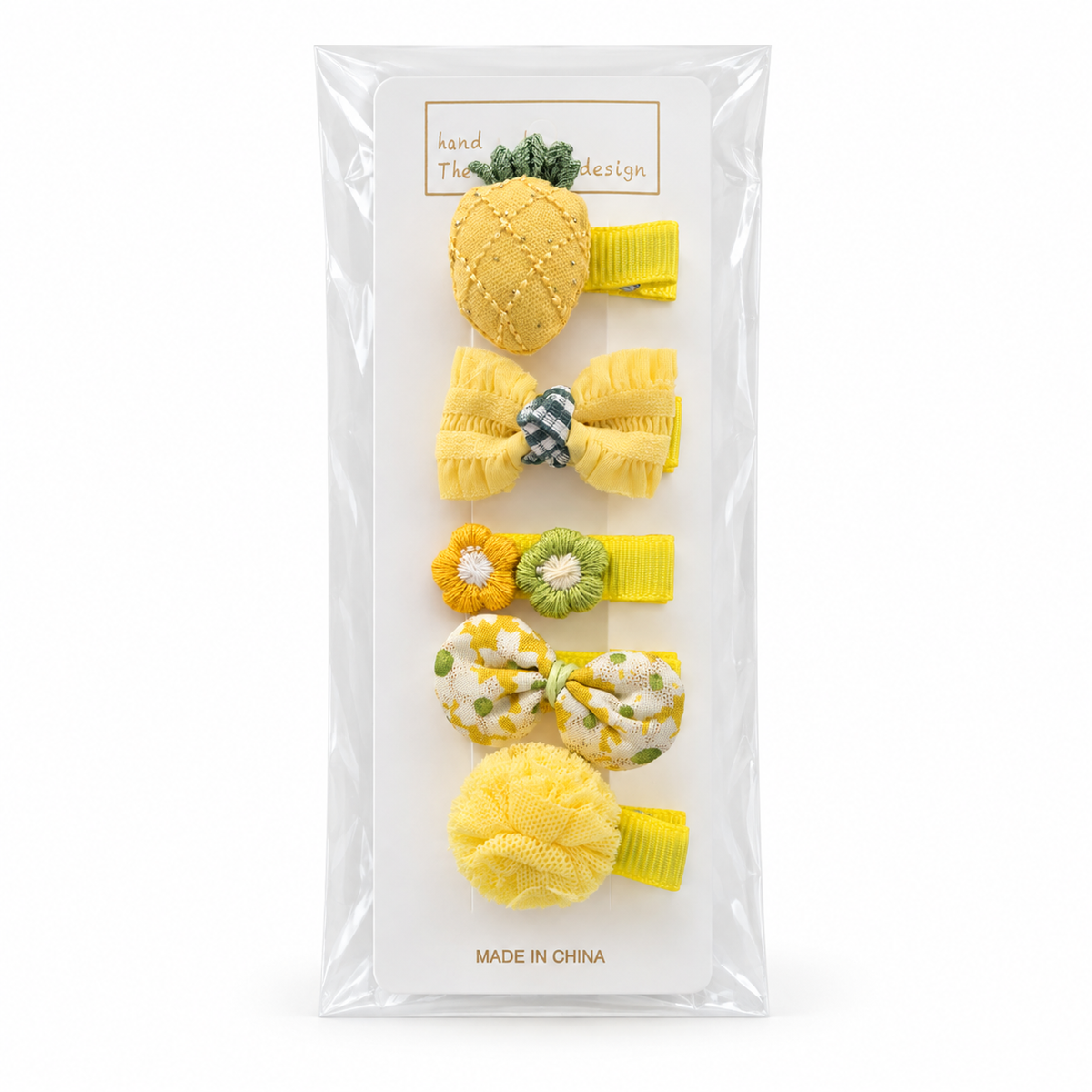Girls’ Yellow Fabric Hair Clips – 5-Piece Set