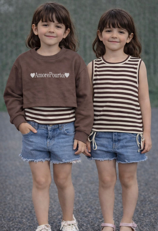 AmorePourtoi Mocha Stripe Cotton Shirt (2-Piece Girls)