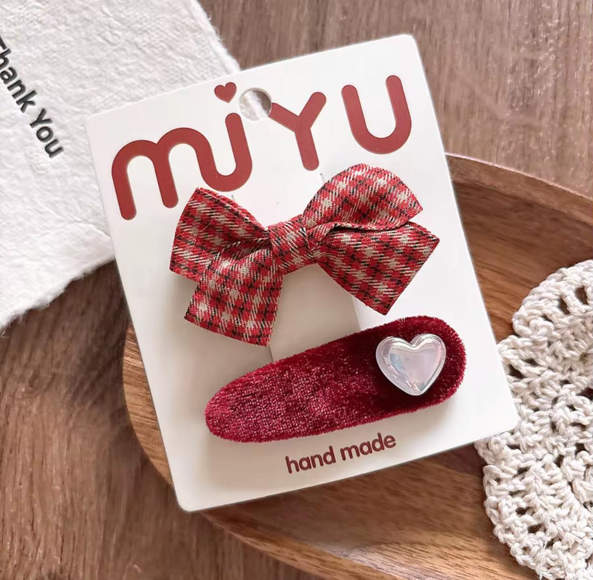 Kids’ 2-Piece Red Hair Clip Set – Bows, Checks & Polka Dots