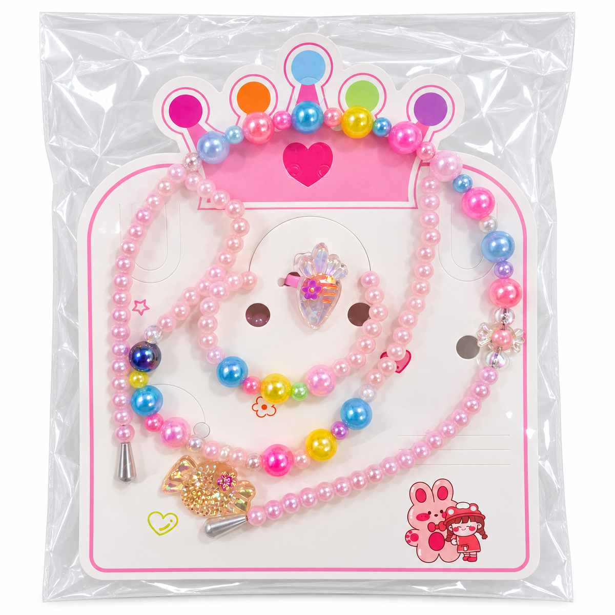 Kids’ Beaded Headband & Jewelry Set – Necklace with Ring or Clip-On Earrings