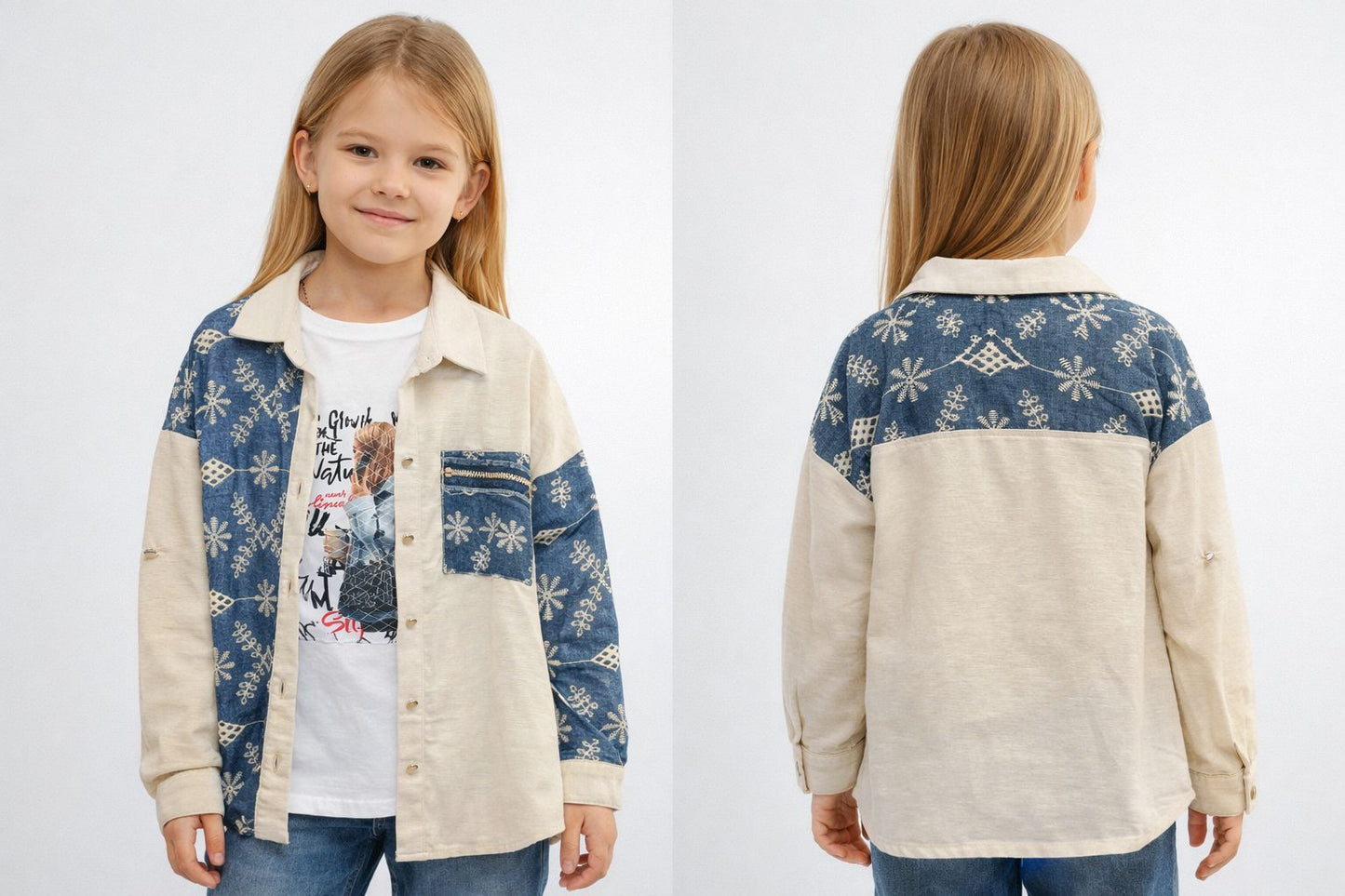 Girls Patchwork Denim Panel Shirt – Beige & Blue