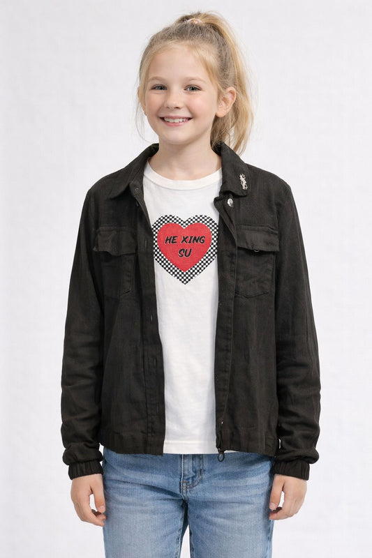Girls Black Casual Jacket & Graphic Heart T-Shirt – 2 Piece Set