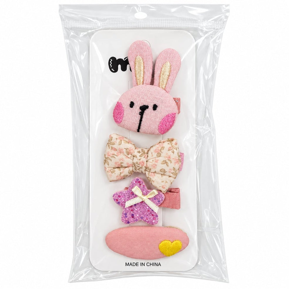 Kids’ 4-Piece Fabric Hair Clip Set – Bows, Flowers & Character Designs