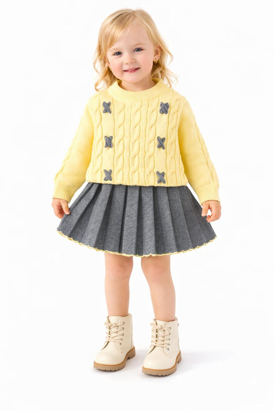 Yellow Knit Top + Grey Skirt