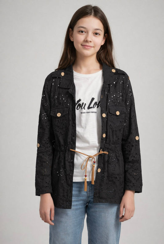 Girls Black Eyelet Twin Set – 2 Piece Jacket & Tee