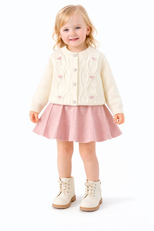 Cream Cardigan with Pink Hearts + Pink Skirt