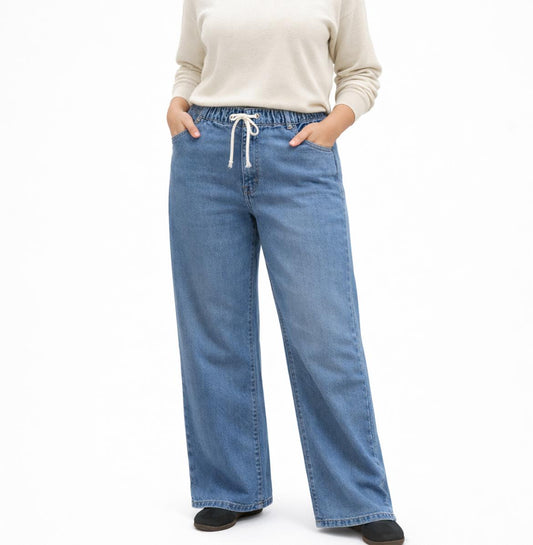 Light Blue Elastic Waist Wide-Leg Jeans