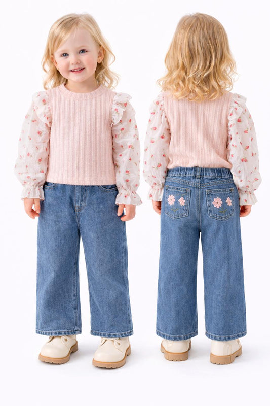 Floral Lace Sleeve Knit Top & Wide-Leg Jeans Set