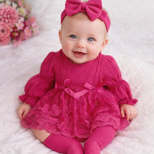 Fushcia Baby Dress (3 piece Set)