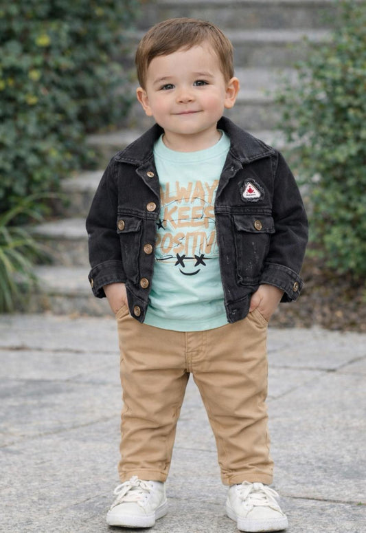 Black Denim Jacket Set (Mint Tee + Beige Pants)