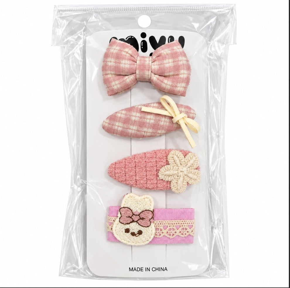 Kids’ 4-Piece Fabric Hair Clip Set – Bows, Flowers & Character Designs