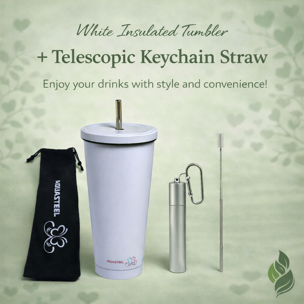 White Insulated Tumbler + Telescopic Keychain Straw (Gift Set)