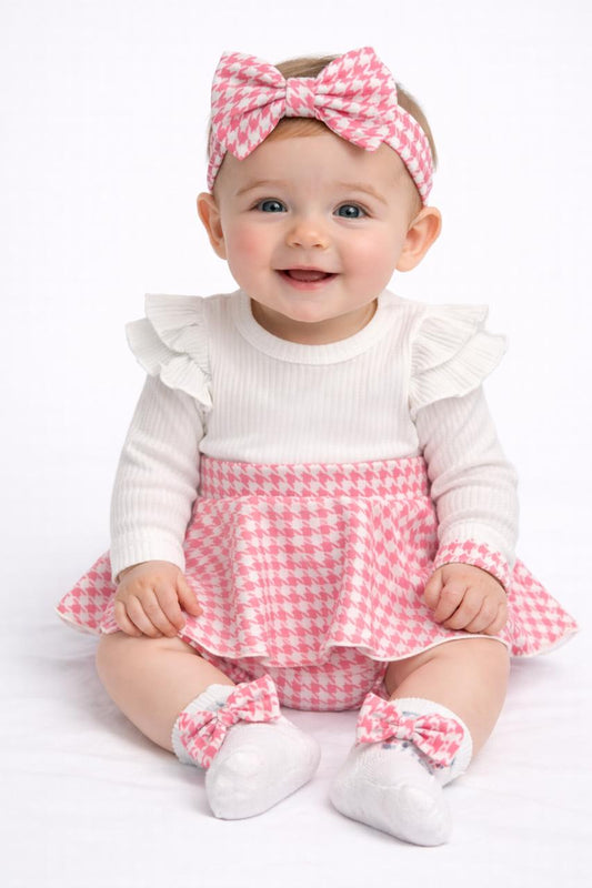 Blush Houndstooth Bow Baby Set  (3-piece-set)