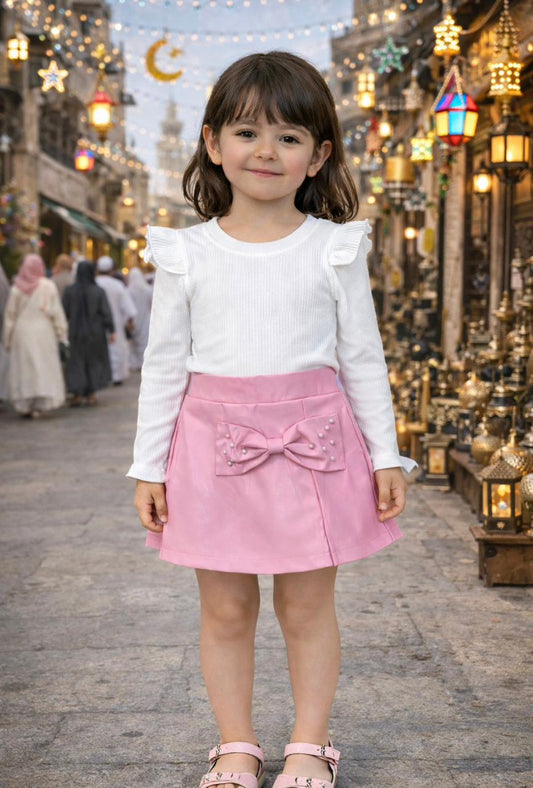 Pink Bow Leather Skirt Set