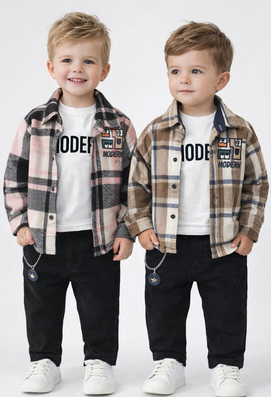 Boys Plaid Shirt Set (Black Jeans)